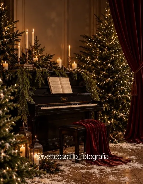 Piano y banco con terciopelo vino
